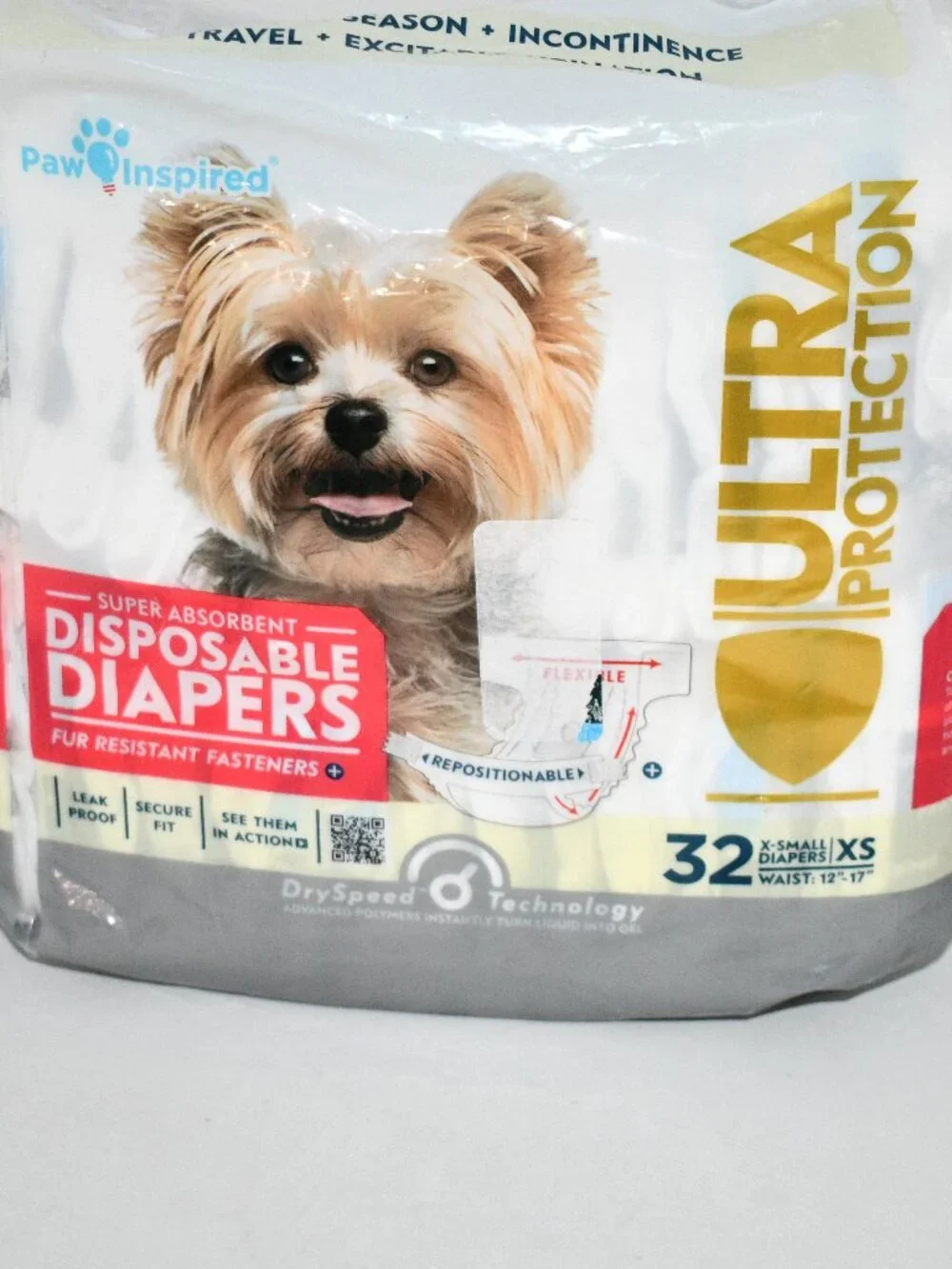 Paw Inspired Female Dog Diapers, XS, 32 Count, Disposable, Leakproof Incontinenc